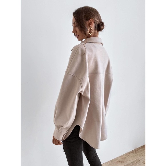 Drop Shoulder Pocket boyfriend shacket oversized jacket Coat cream tan - Picture 2 of 8